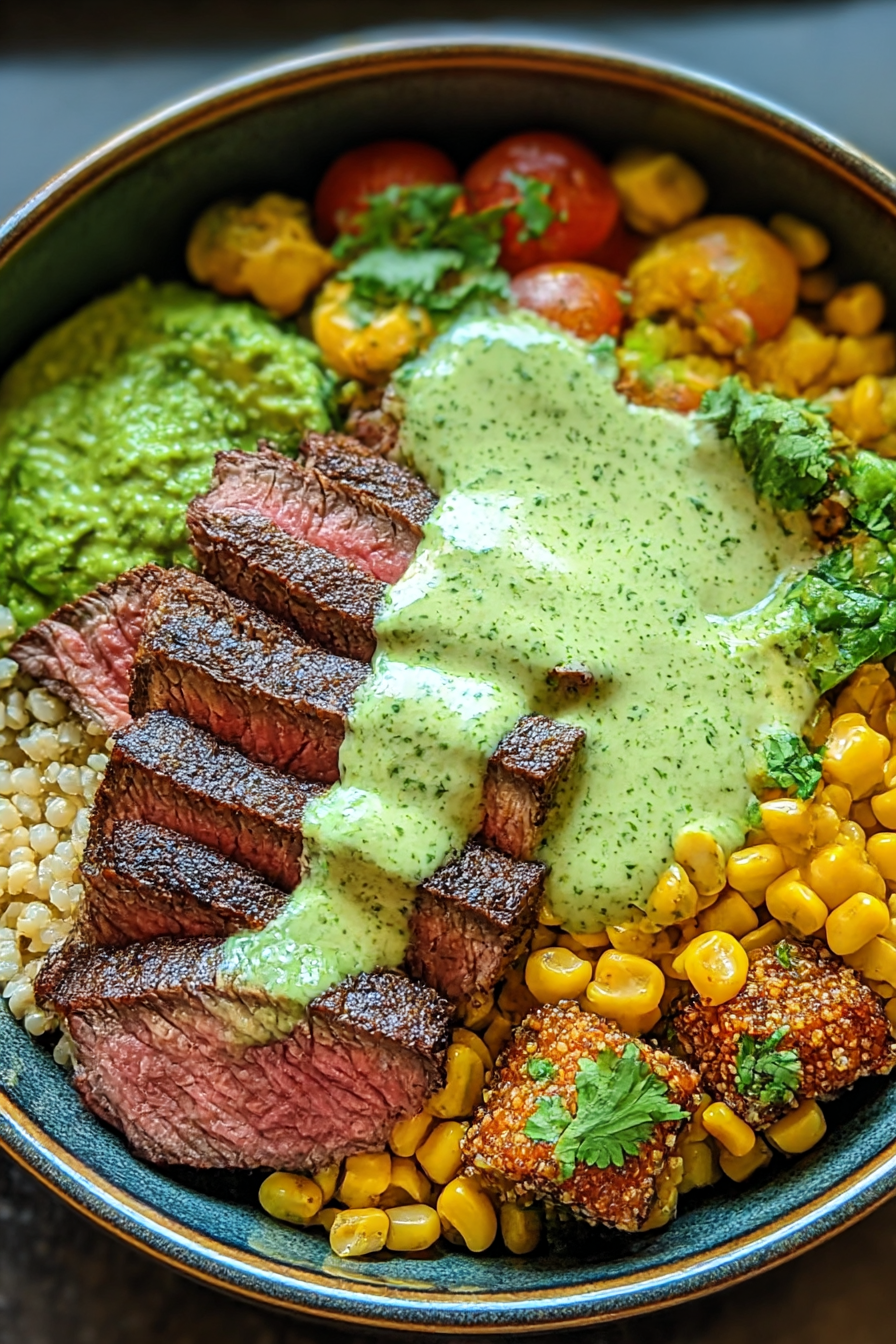 Steak Avocado Roasted Corn Bowl with Cilantro Cream Sauce delights! image 2