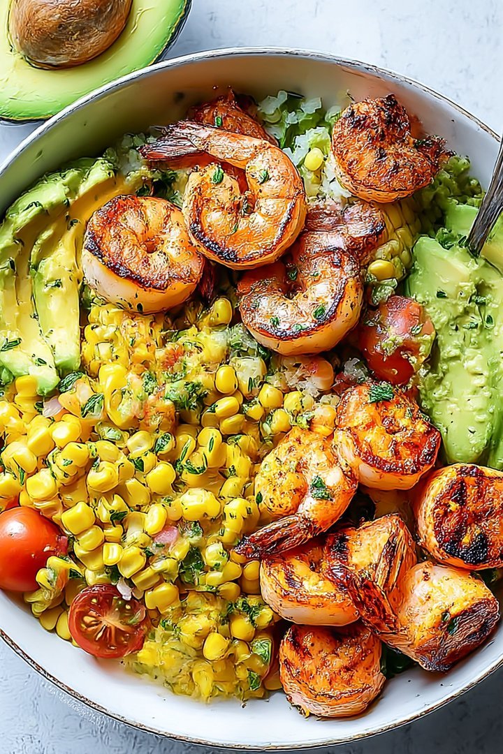 Easy Grilled Shrimp Bowl Recipe with Avocado & Corn Sauce image 2