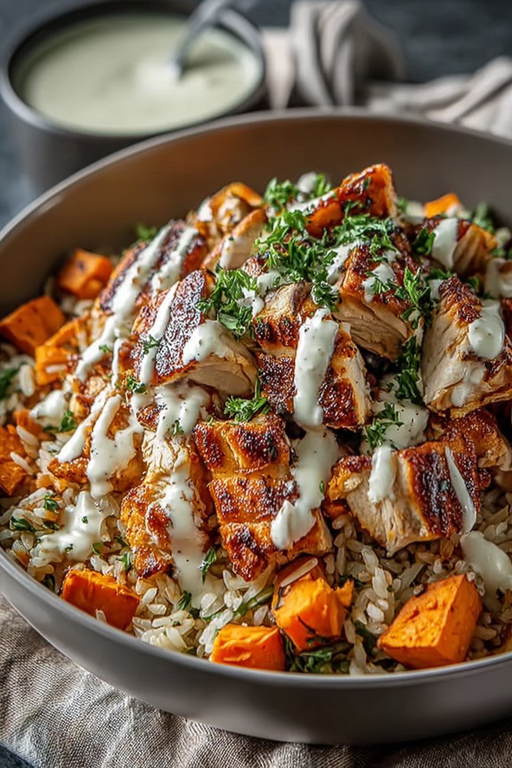 Nourishing Chicken & Sweet Potato Power Bowl with Creamy Garlic Sauce image 2